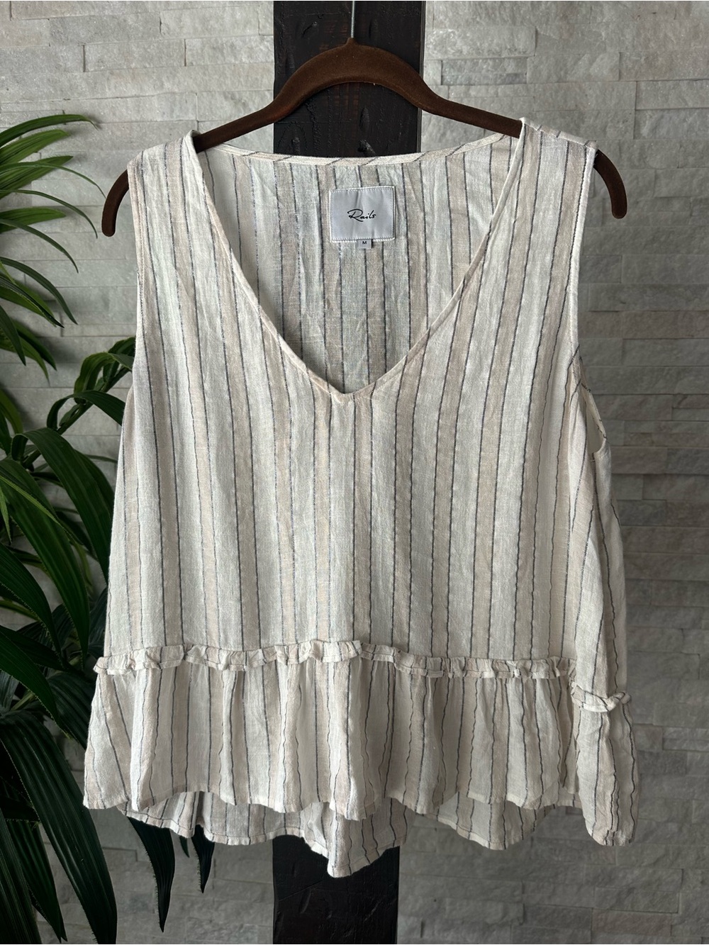 Rails Cream Tan Mira Costa Stripe Sleeveless Ruffle Peplum Blouse Size M